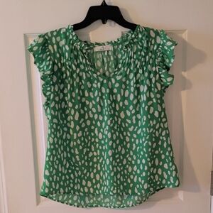 Chic Green Blouse with White Pattern and Ruffle Sleeves